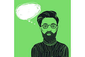 Hipster Man In Glasse With Beard And Mustache. Hand Drawn Vetor Illustration With Bubble For Text.