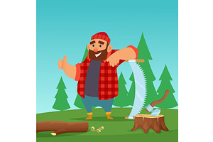 Lumberjack In Wood. Cartoon Mascot