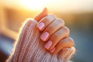 Female hand with pink nails resting in a cozy sweater against a golden sunset b, a Beauty & Fashion Photo by AlyaAnd