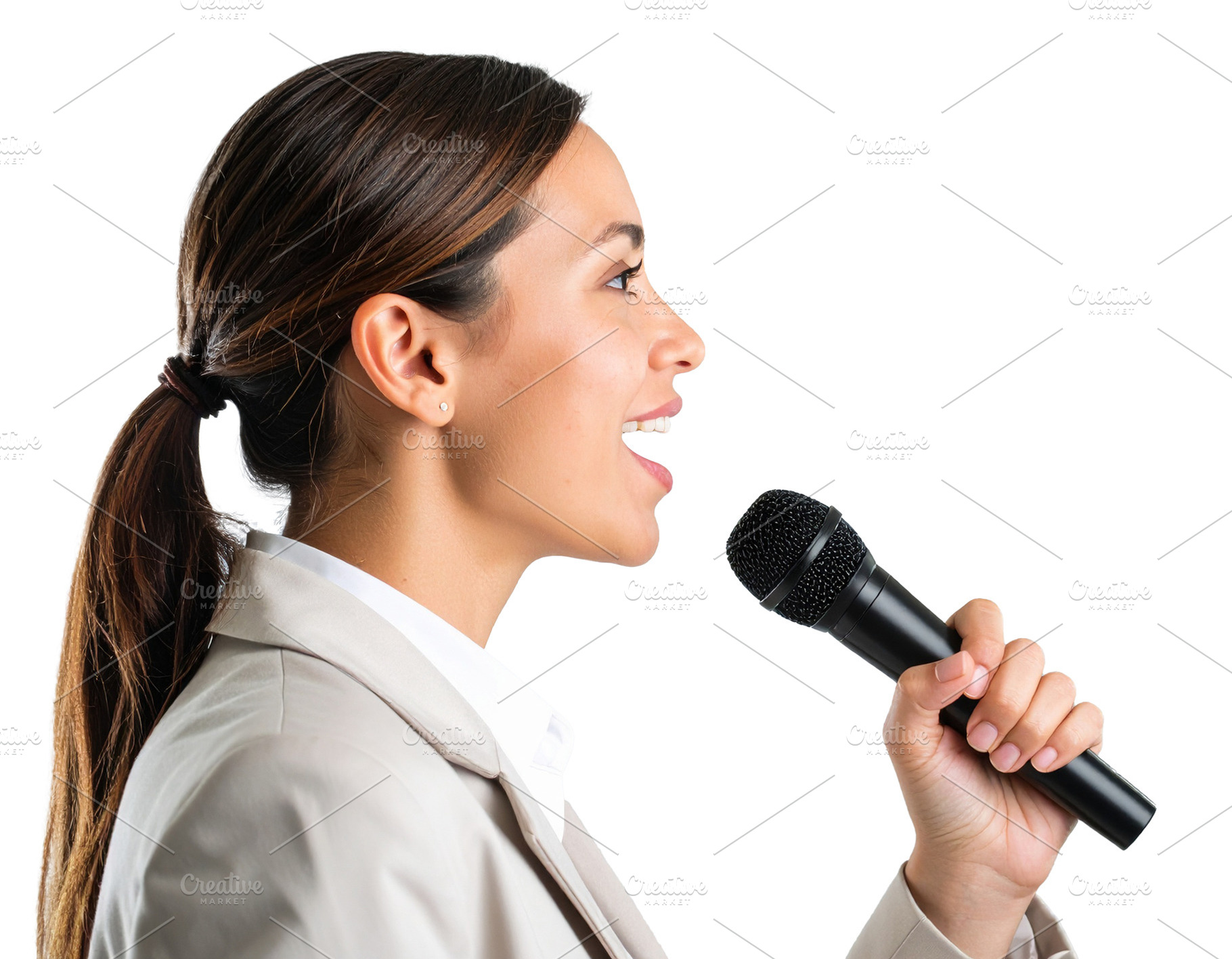 Woman speaking into a microphone with green vine waves is projec, a Person Photo by DanFLCreativo