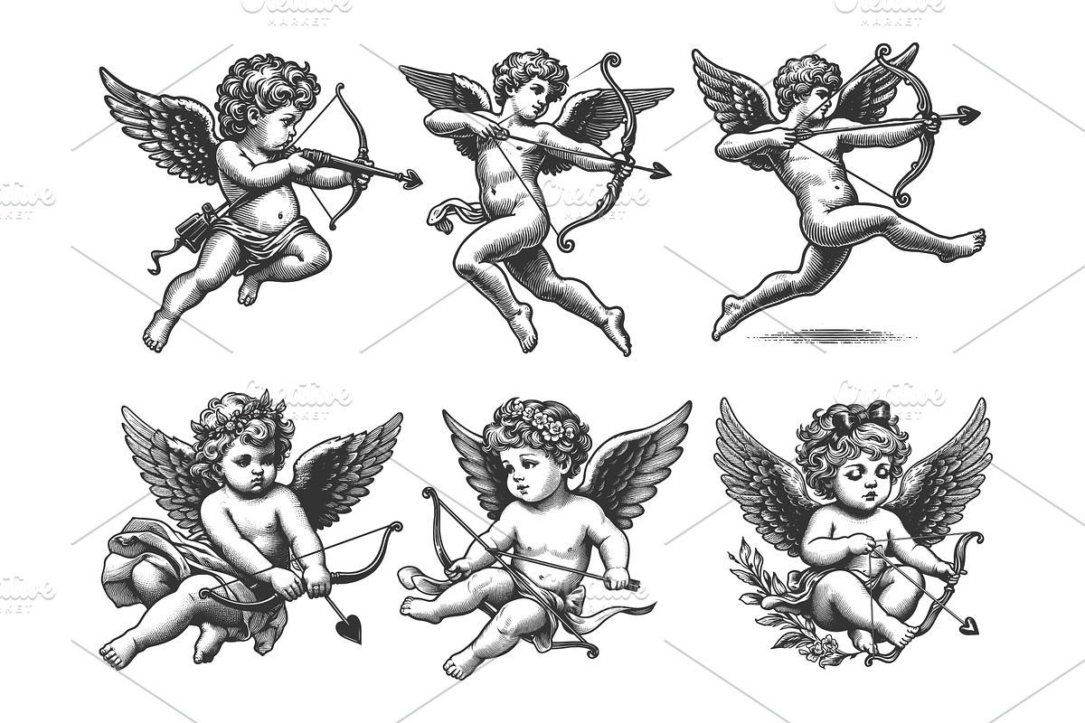 Cupids with Bows and Arrows set, an Illustration by AlexArt