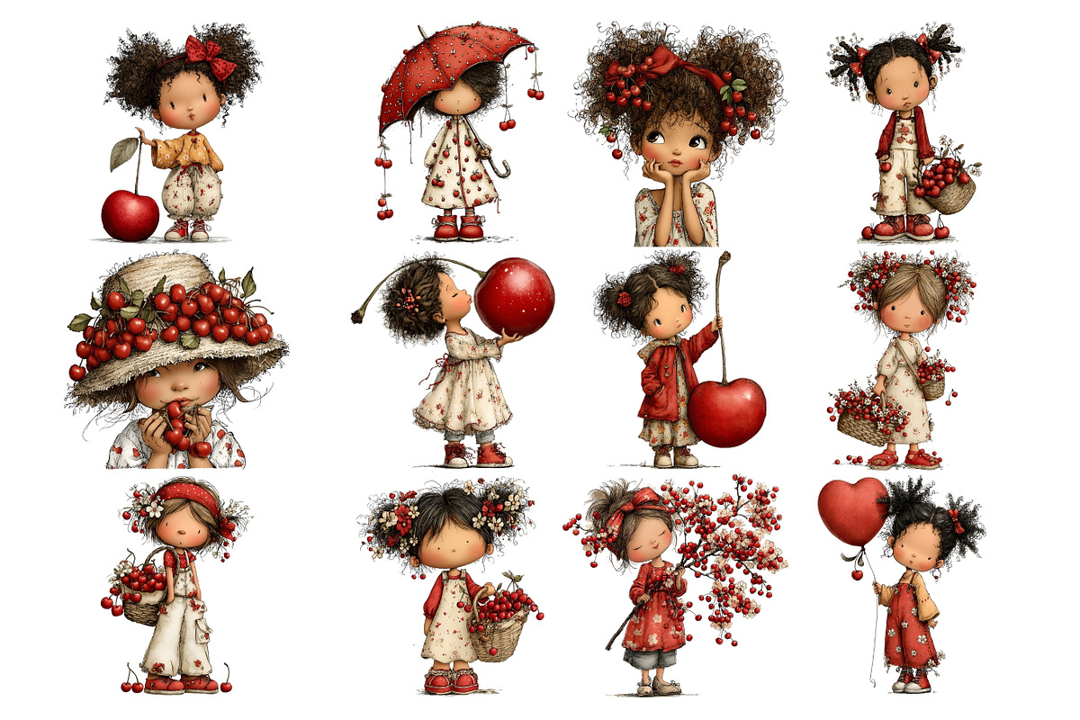 Cherry Girl Watercolor Clipart, a Person Illustration by Nicolle's Colorful Art (Photo 3 of 10)