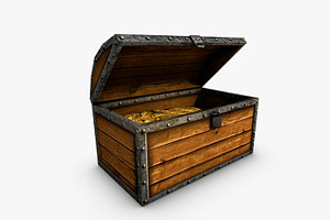 Low Poly Wooden Chest With Treasure