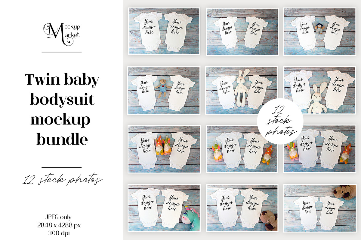 12 twin baby bodysuit Mockup Bundle., a Print Template by MockupMarket (Photo 1 of 13)