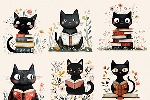 BLACK CAT BOOK LOVER CLIPART BUNDLE