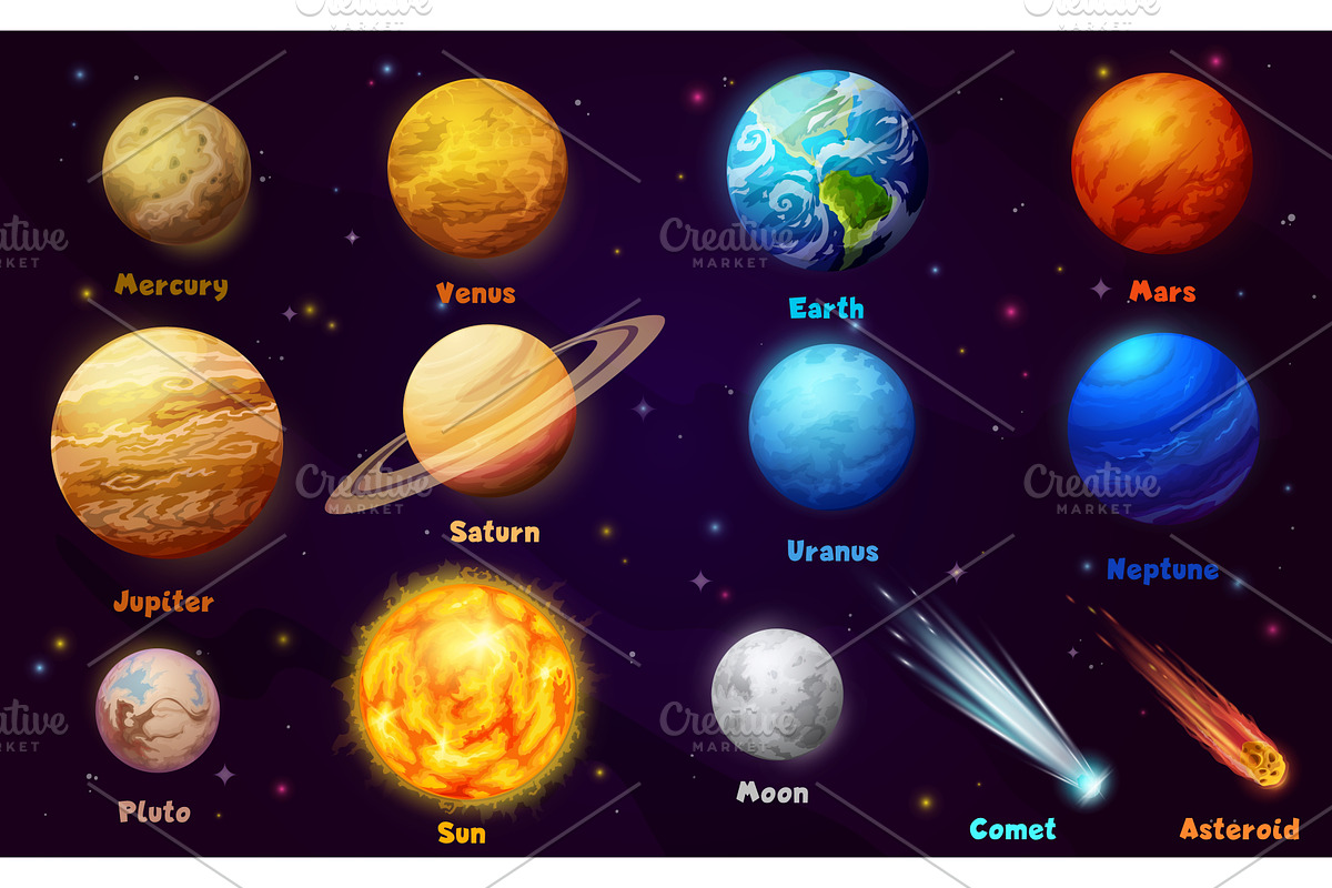Sun system cartoon planets, an Education Illustration by Vector Tradition