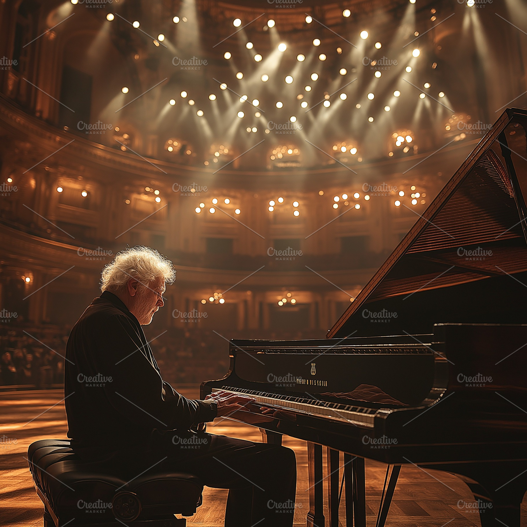 A senior Caucasian man passionately plays a grand piano on stage, illuminated b, a Background Photo by ImageMir