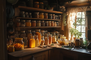 A warm, inviting kitchen with jars, a Photo by Pavel_design