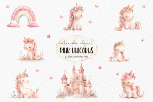 Pink Unicorn Watercolor Clipart PNG