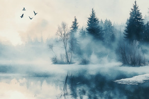 Misty watercolor forest landscape, a Photo by Pavel_design