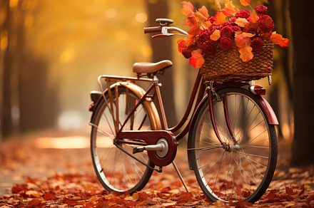 Retro bycicle with flowers in autumn park, a Transportation Photo by AlyaAnd