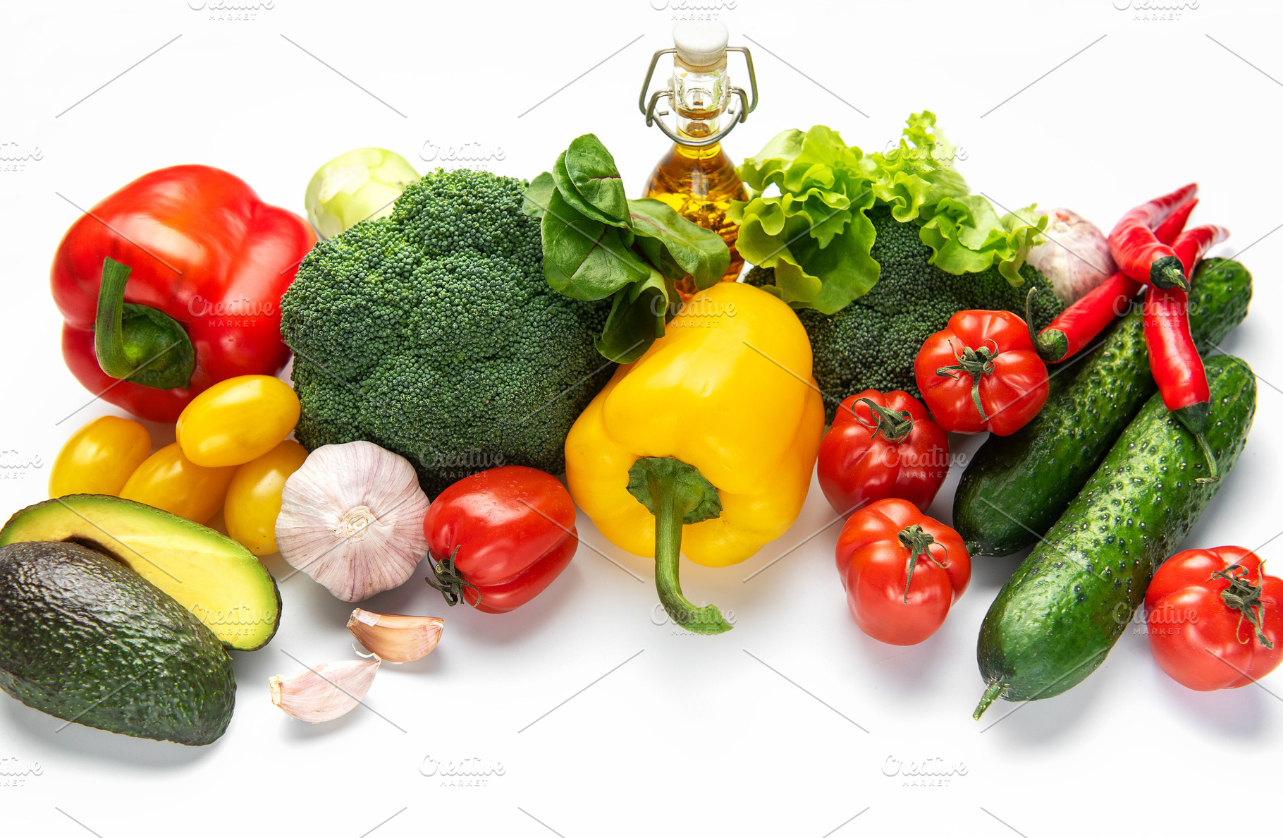 Fresh vegetables and olive oil for healthy eating, a Food & Drink Photo by Olena Rudo