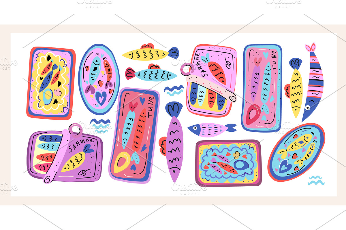 Colorful Sardine Cans a bold and, an Animal Illustration by Lucia Fox