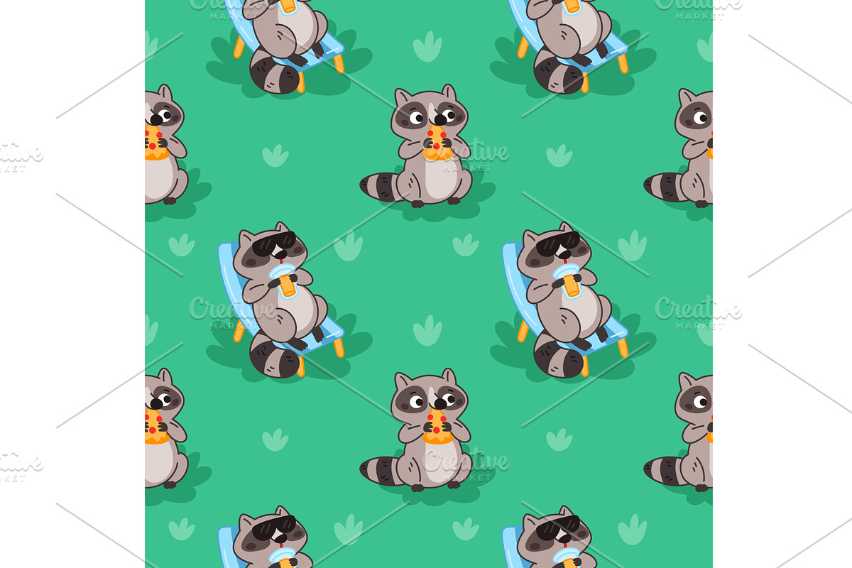 Cartoon racoons seamless pattern, an Animal Illustration by YummyBuum