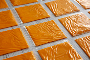 American Cheese Slices in Wrappers, side view., a Food & Drink Photo by LiudmylaChuhunova