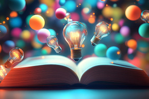 Open Book with Floating Light Bulbs and Colorful Spheres, a Photo by Natalia Klenova's Shop