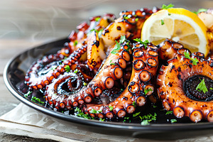 Grilled octopus leg in plate on wooden table, a Food & Drink Photo by AlyaAnd