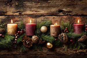 Candles with decorations on wood, a Photo by Pavel_design