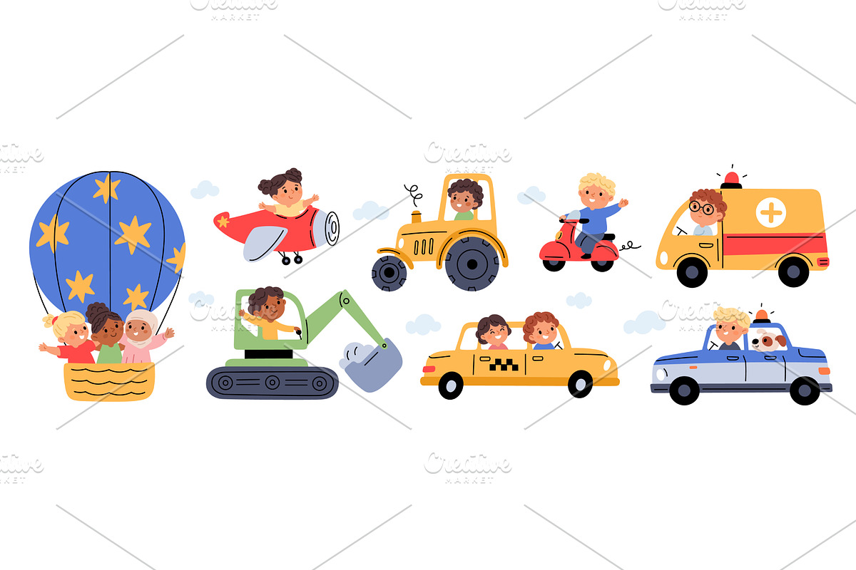 Happy cute kids in transport. Little, a Transportation Illustration by YummyBuum