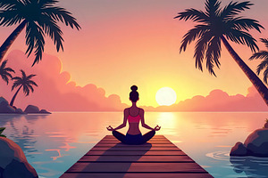 Island Sunset Yoga On Wooden Pier Vi, a Photo by LOGOCREATIVE