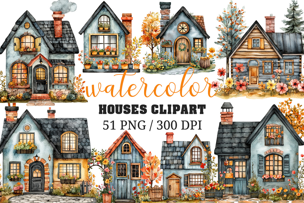 Watercolor Houses Clipart, an Illustration by Craft Nest (Photo 1 of 12)
