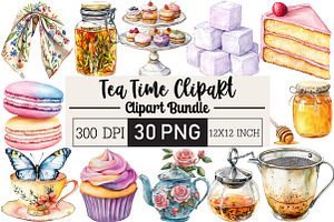 Watercolor Tea Time Clipart Bundle, an Illustration by Black Bird Studio