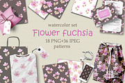 Flower fuchsia patterns watercolor, a Pattern Graphic by BrushArtDesigns (Thumbnail 2 of 4)