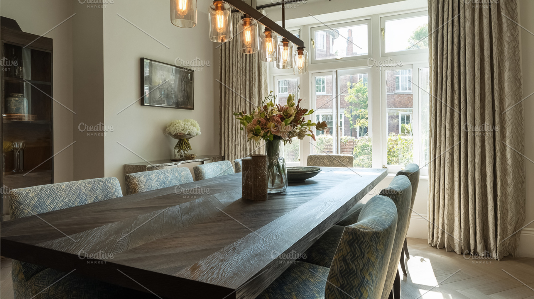 Modern dining room design featuring wooden herringbone table wit, a Photo by Studio ANNA
