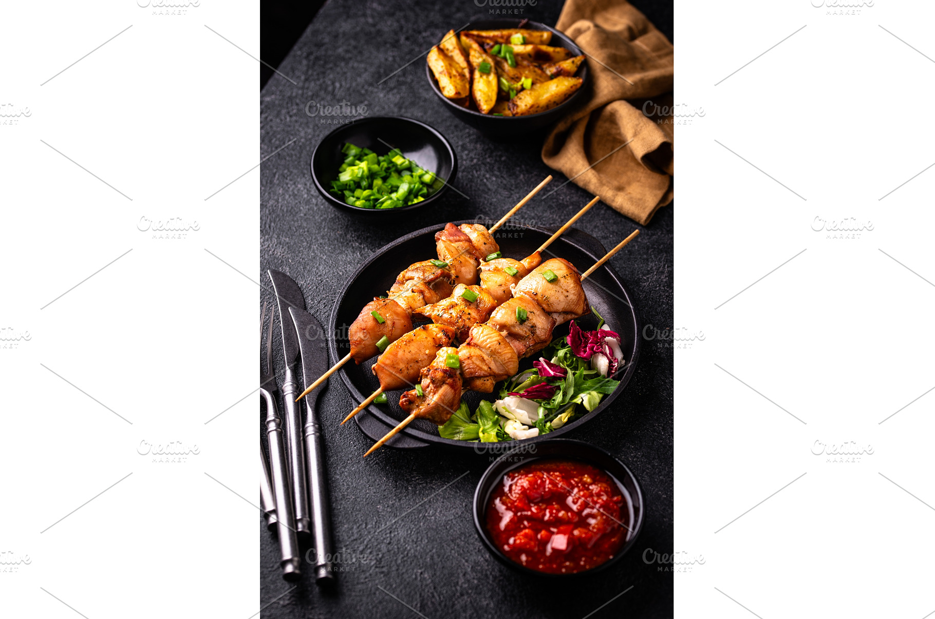 Chicken skewers kebab with, a Food & Drink Photo by Yulia Furman