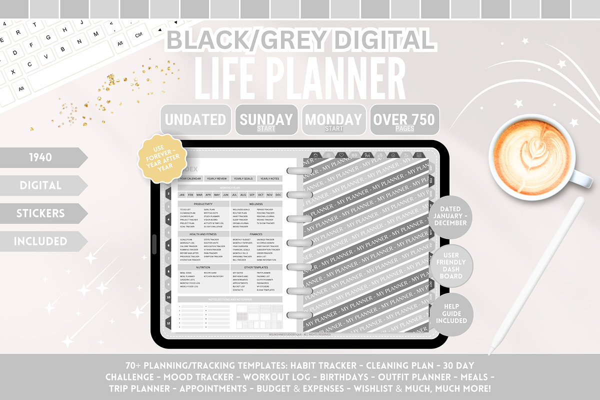Cute Digital Life Planner 750+ pages, a Templates & Theme by SunshineStudioBoutique (Photo 1 of 9)