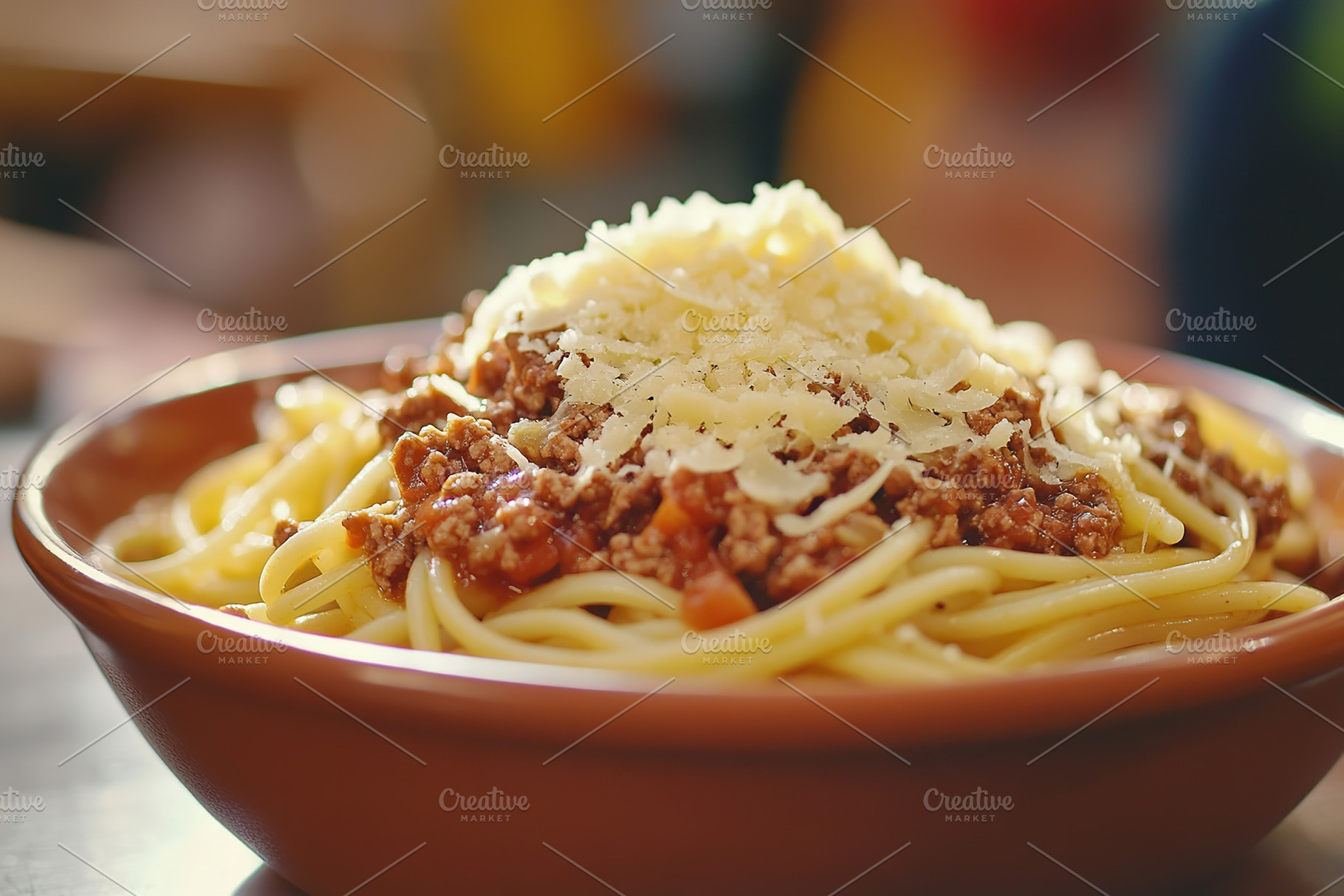 Spaghetti bolognese with ground beef in plate, a Food & Drink Photo by AlyaAnd