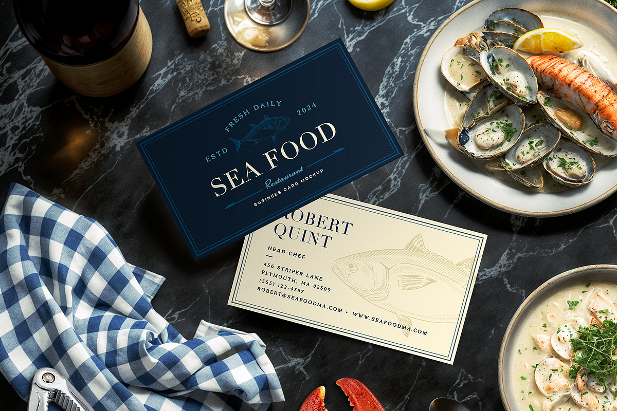 Seafood Restaurant Card Mockup, a Mockup by Vimana Creative