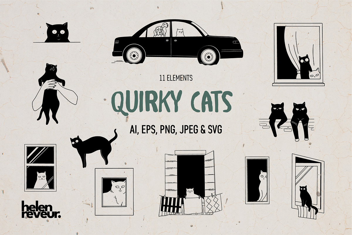 11 Quirky Cats Illustration, an Animal Illustration by helenreveur (Photo 1 of 4)