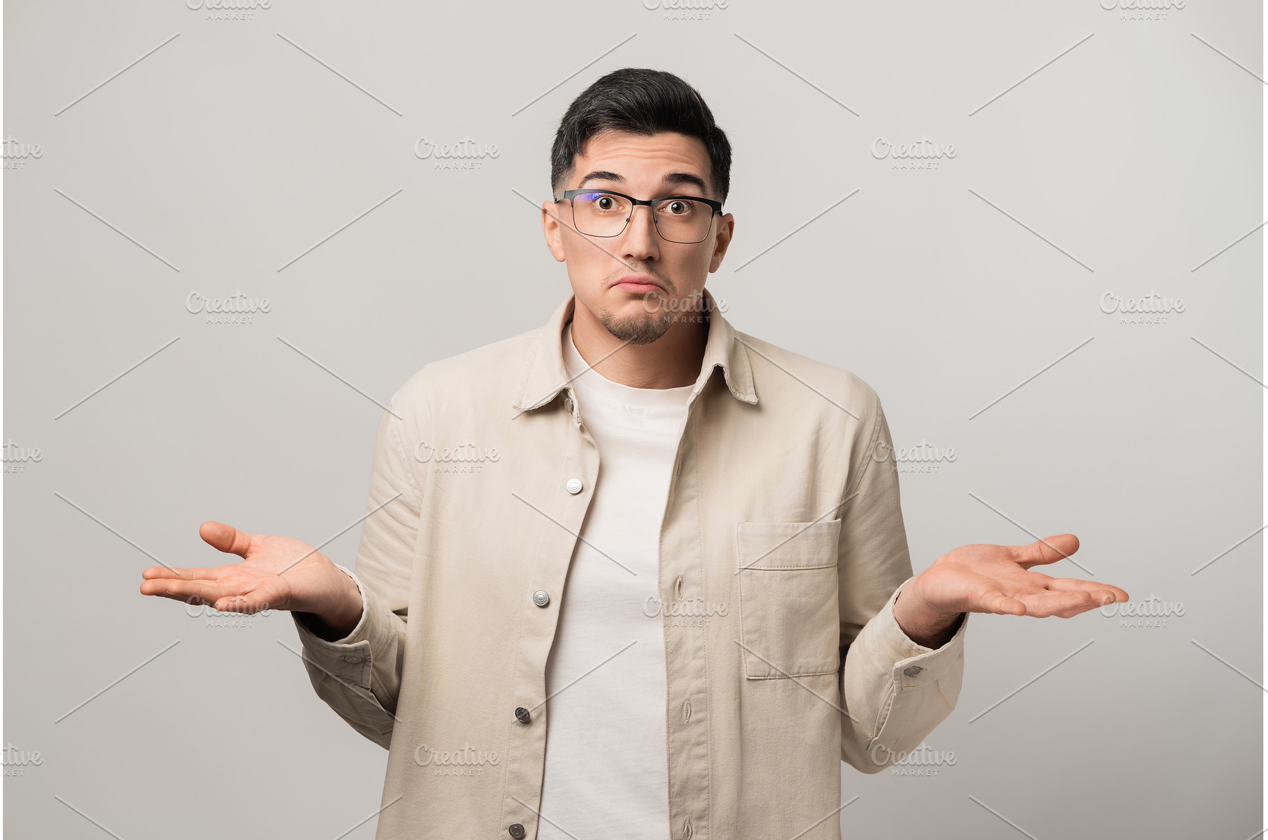 No clue. A man in a beige overshirt, a Person Photo by AD Stock Images