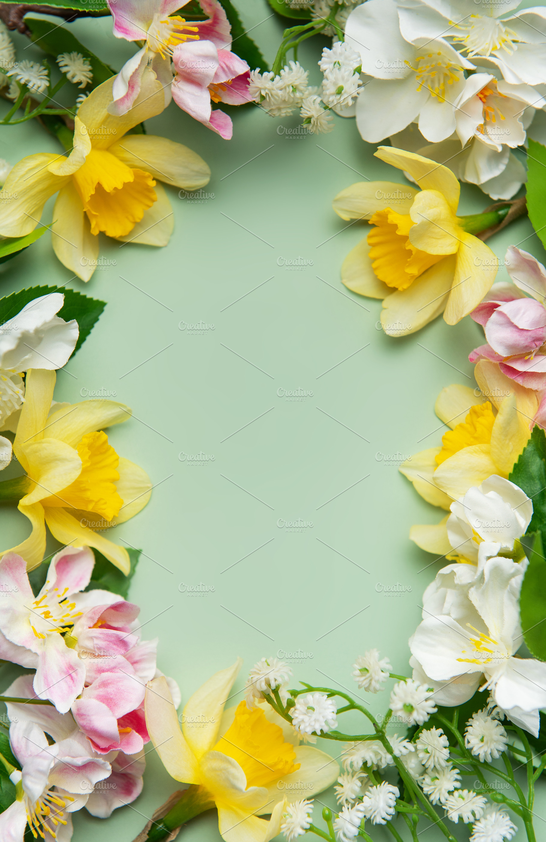 Daffodils and apple blossoms creating a floral frame on green ba, a Nature Photo by Olena Rudo