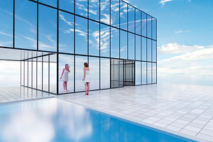 Woman standing by modern glass building with pool reflection, an Architecture Photo by RF Images