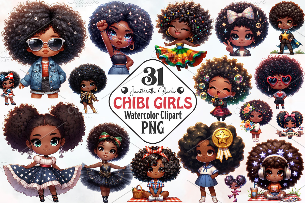 Juneteenth Black Chibi Girls Clipart, an Illustration by RobertsArt (Photo 1 of 7)