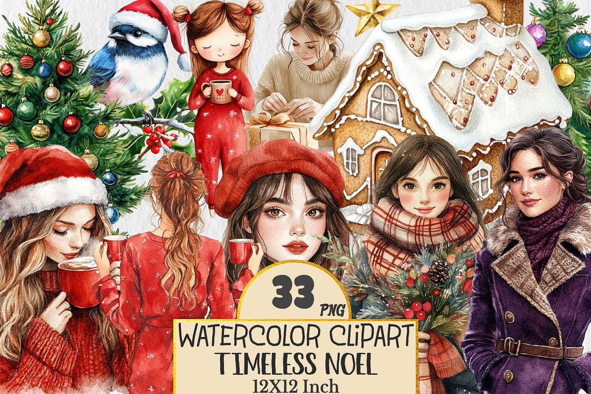 Watercolor Timeless Noel Clipart, a Seasonal Illustration by Rose Art (Photo 1 of 4)