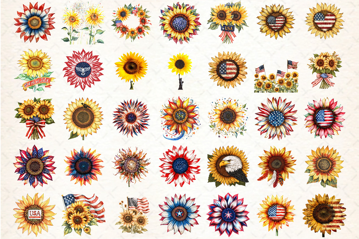 Sunflower 4th of July Clipart, an Illustration by DreamCafeArt (Photo 2 of 7)