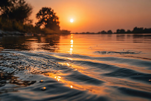 Golden sunset reflected on calm rive, a Photo by Pixeness Studio
