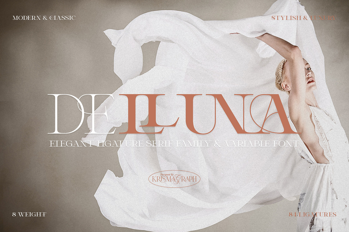 Delluna | Ligature Serif Family, a Serif Font by Krismagraph (Photo 1 of 14)