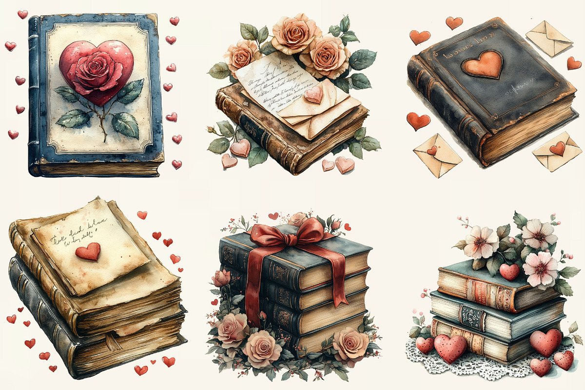 Retro Book Valentine Clipart Bundle, a Work Illustration by OK Design (Photo 3 of 3)