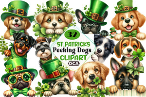 St Patrick’s Day Peeking Dogs Bundle, an Illustration by DreamCafeArt