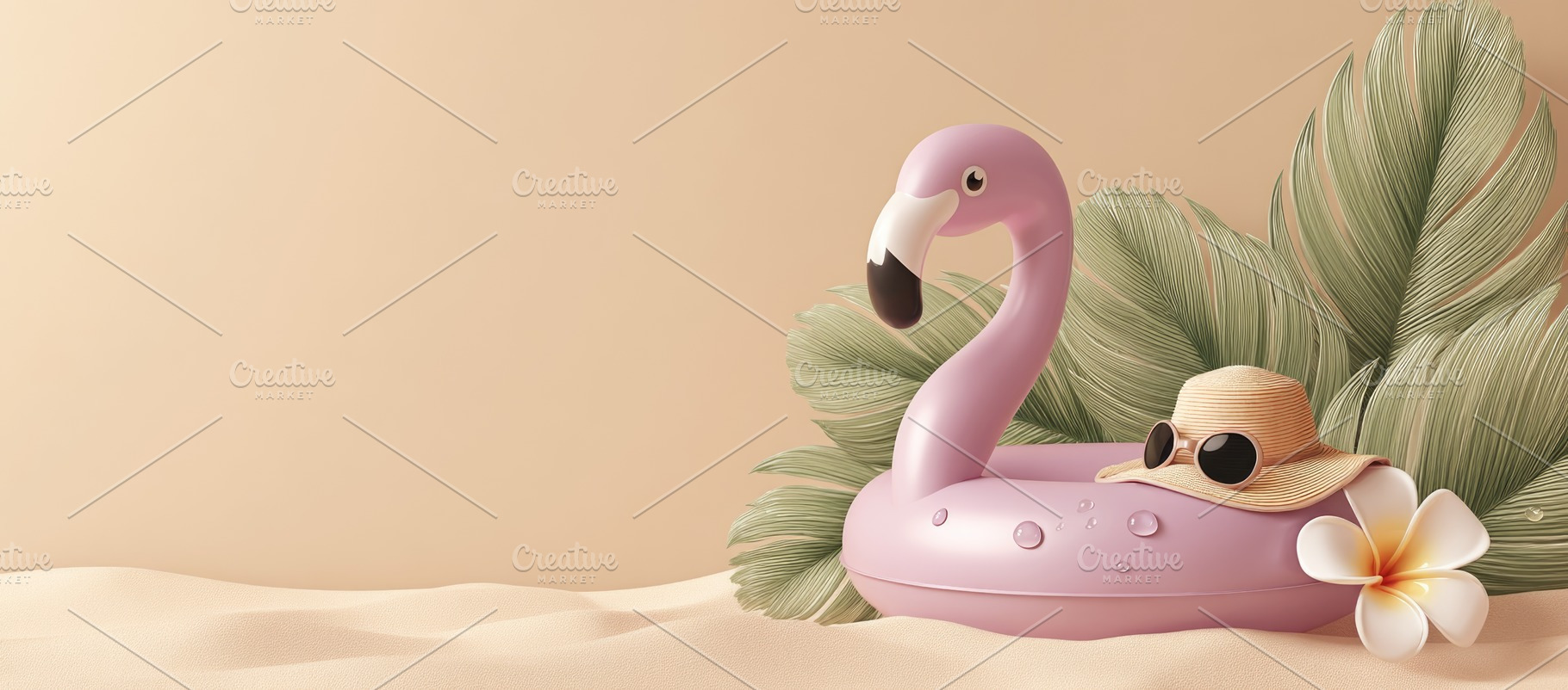 Pink Flamingo Pool Float with Tropical Leaves and Summer Vacatio, an Animal Photo by José Manuel Gelpi