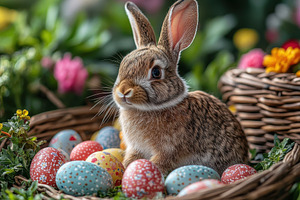 Cute rabbit surrounded by colorful E, a Photo by Tanuart