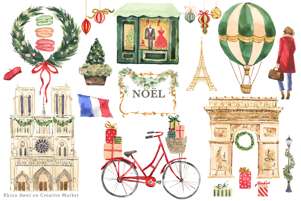 Parisian Holiday Watercolor Clipart, an Object Illustration by RhianAwni (Photo 1 of 5)