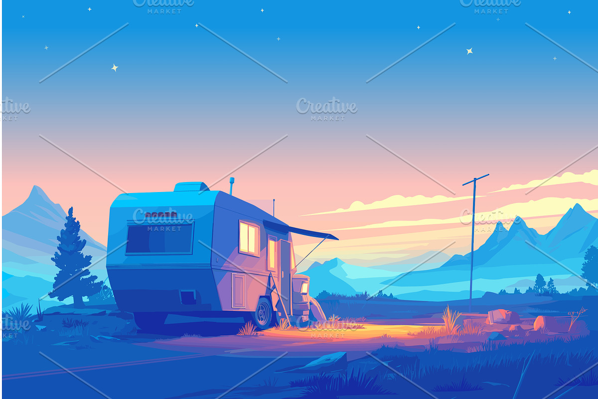 Cartoon mobile home in a clearing at, a Transportation Illustration by LadadikArt
