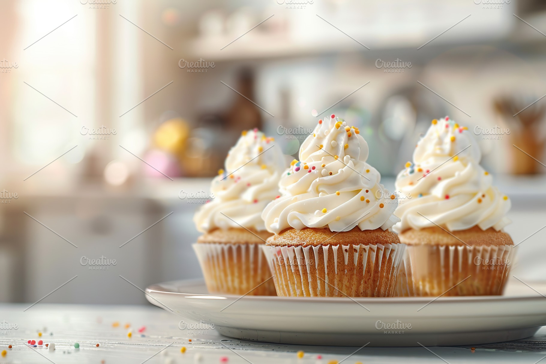 Tasty cupcakes with butter cream and sprinkles on table on blurred kitchen back, a Food & Drink Photo by AlyaAnd