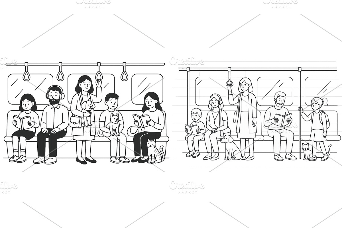 People riding on a subway train with, a Person Illustration by ZinetroN