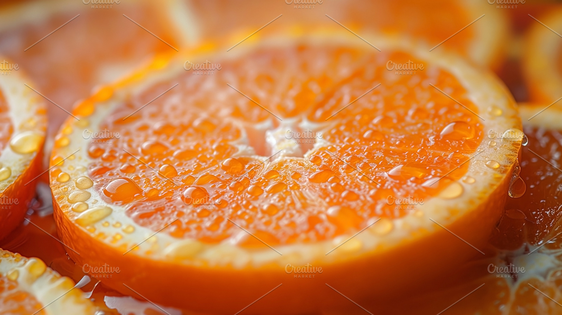 Close-up of vibrant orange slices glistening with droplets of wa, a Food & Drink Photo by ImageMir